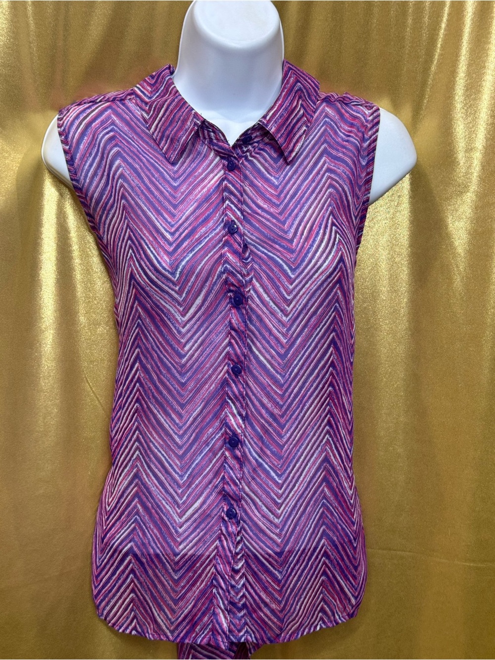 Cato Sheer Chevron Sleeveless Button Down Blouse Pink Purple Size Large